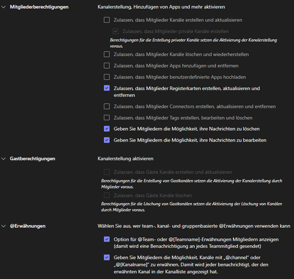 Übersicht der Einstellungen im Teams Kanal